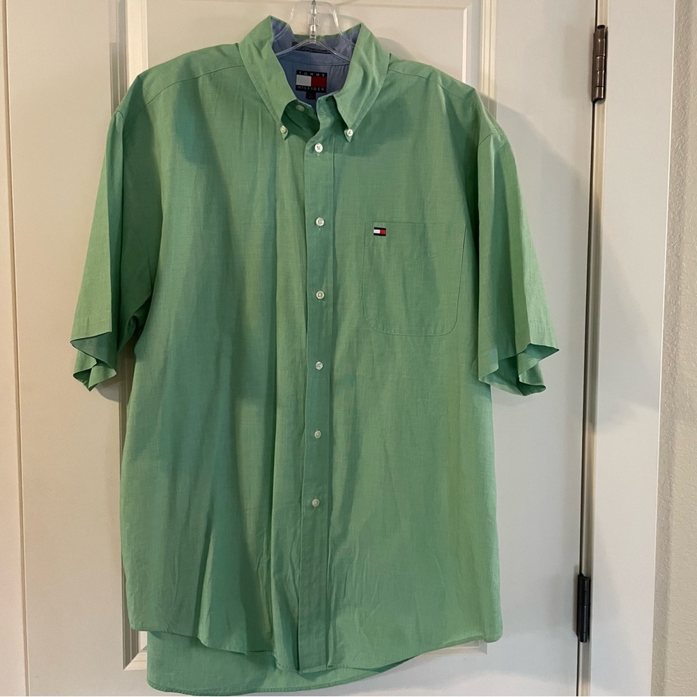 Mens Large Tommy Hilfiger Short Sleeved Light Green Dress Shirt